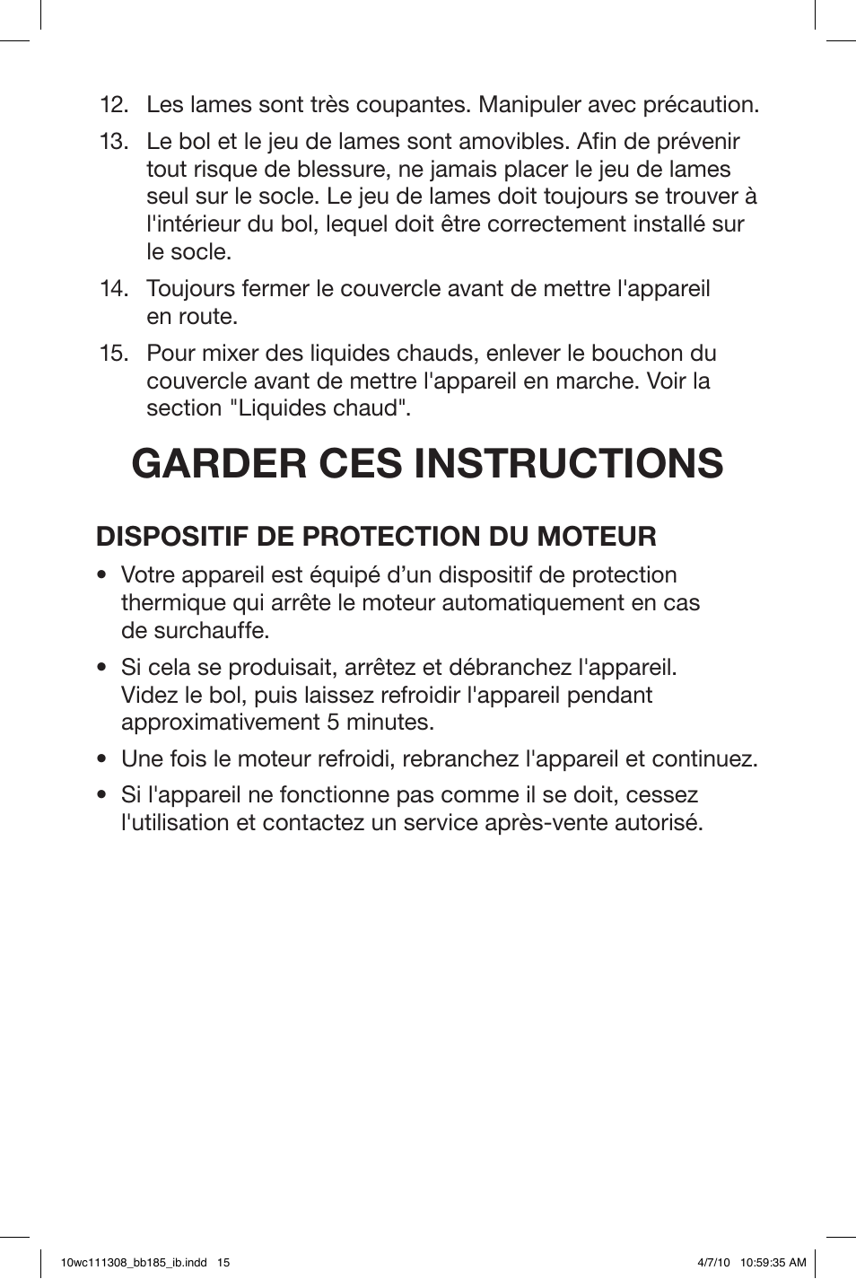 Garder ces instructions, Dispositif de protection du moteur | Waring BB185 User Manual | Page 15 / 20