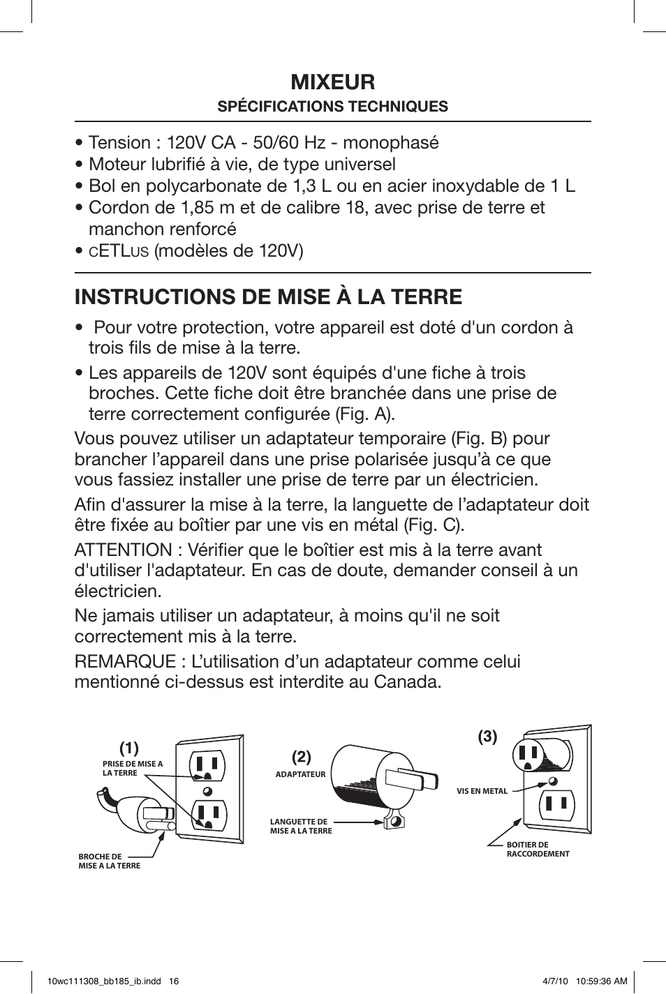 Mixeur, Instructions de mise à la terre, Modèles de 120v) | Waring BB185 User Manual | Page 16 / 20