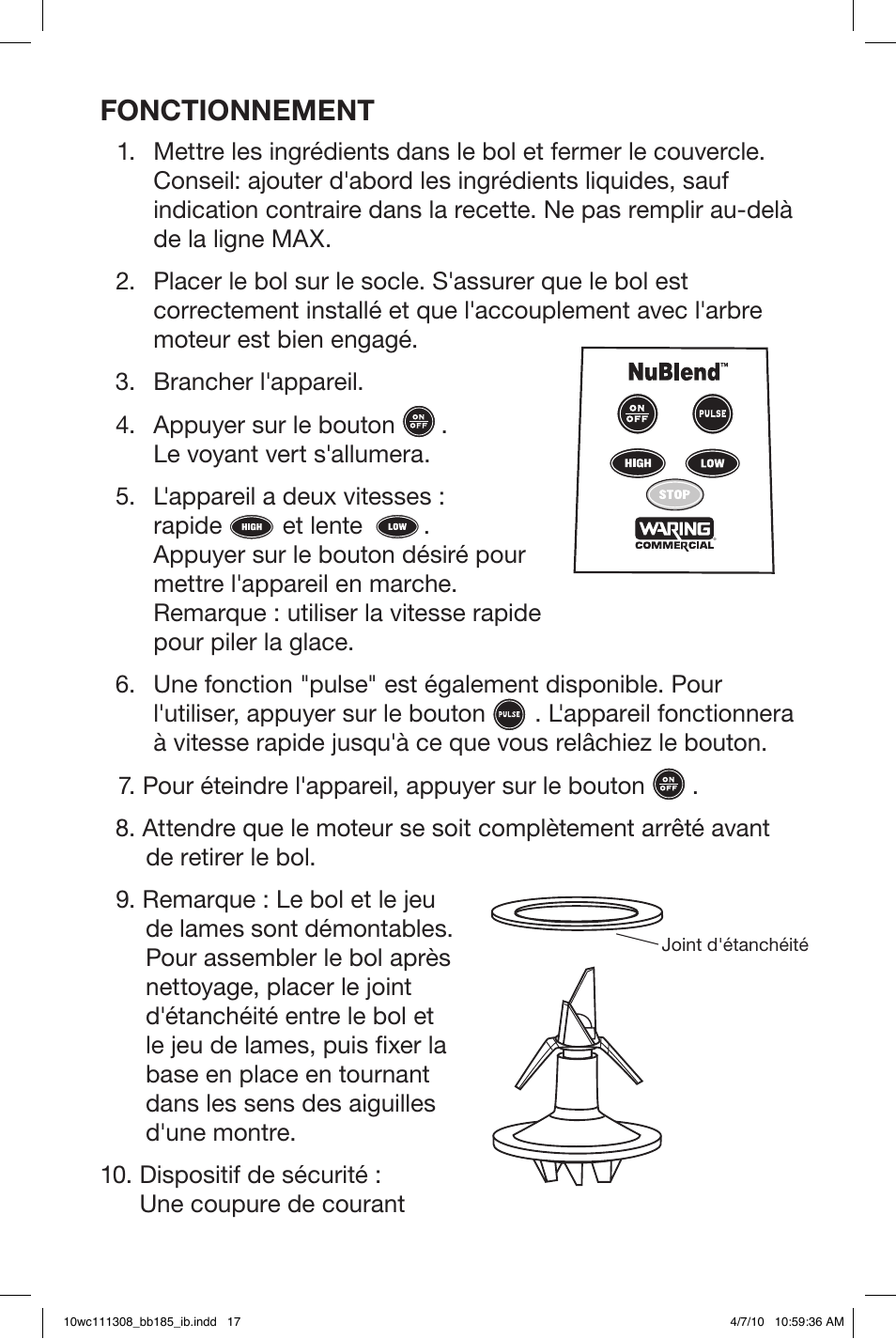 Fonctionnement | Waring BB185 User Manual | Page 17 / 20