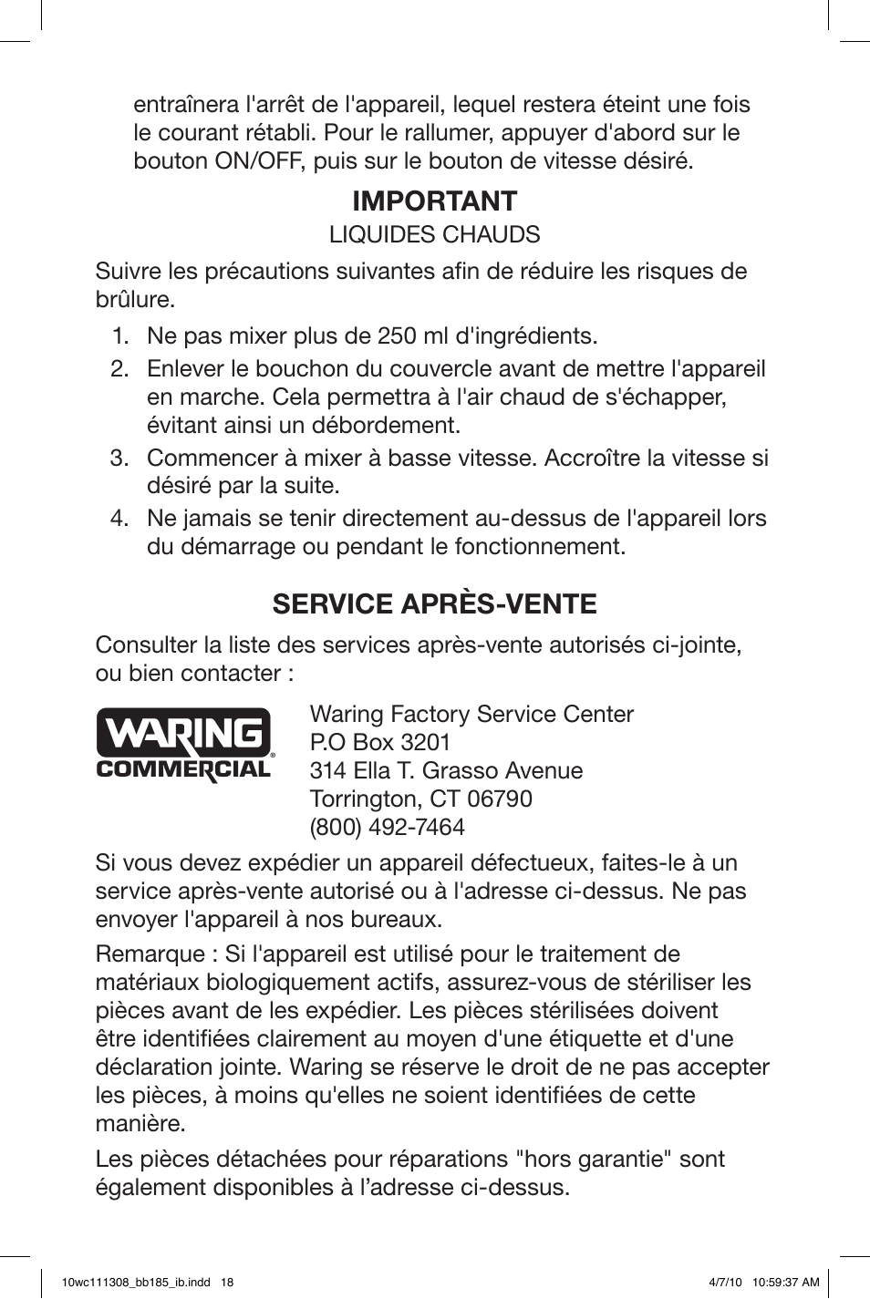 Important, Service après-vente | Waring BB185 User Manual | Page 18 / 20