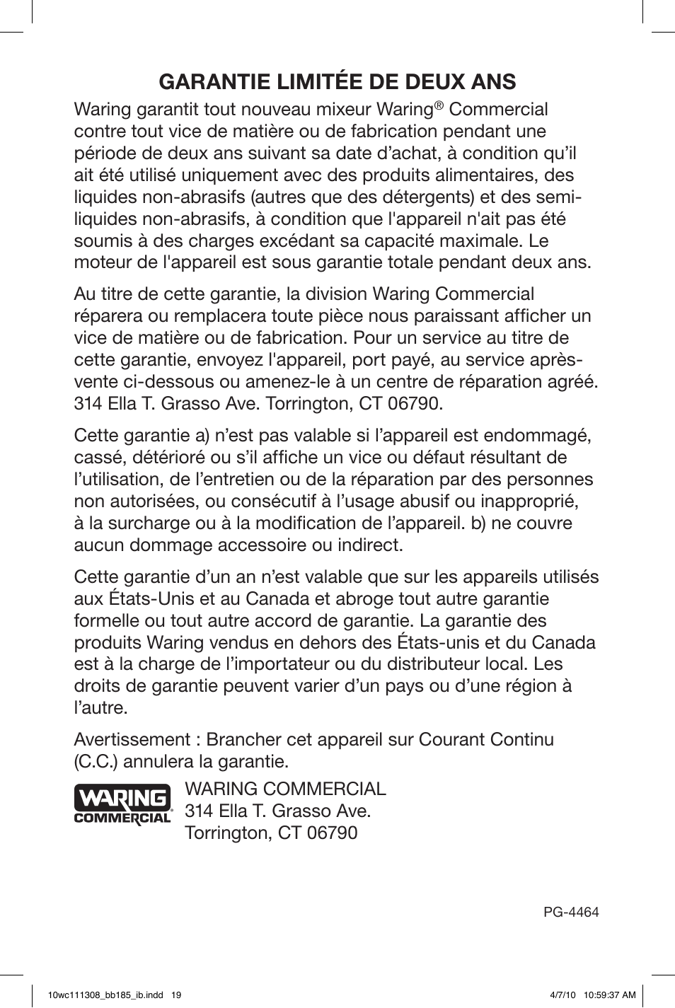 Garantie limitée de deux ans | Waring BB185 User Manual | Page 19 / 20