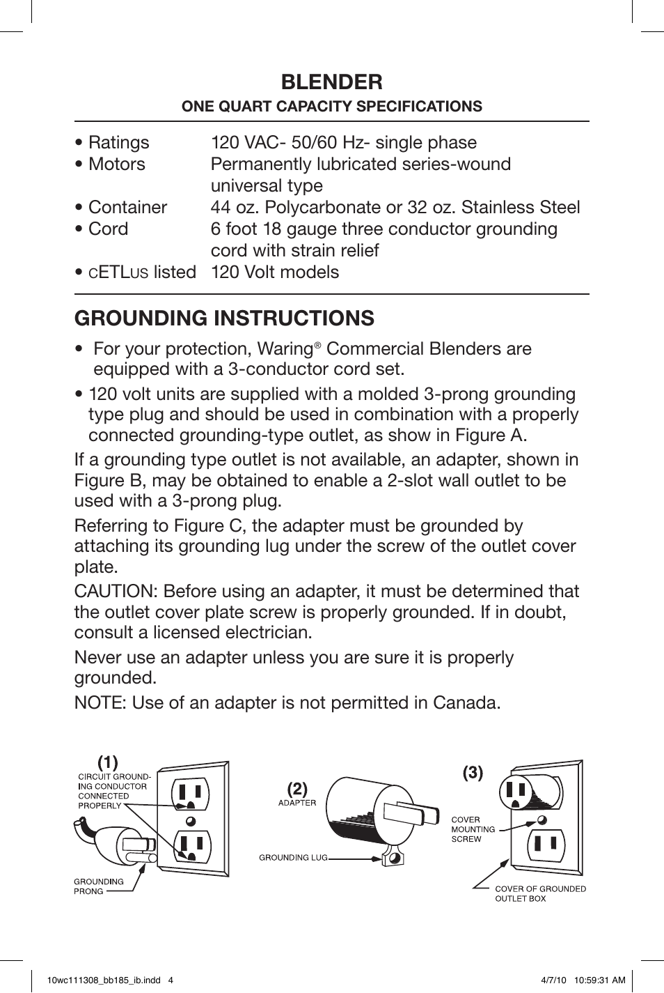 Blender, Grounding instructions | Waring BB185 User Manual | Page 4 / 20
