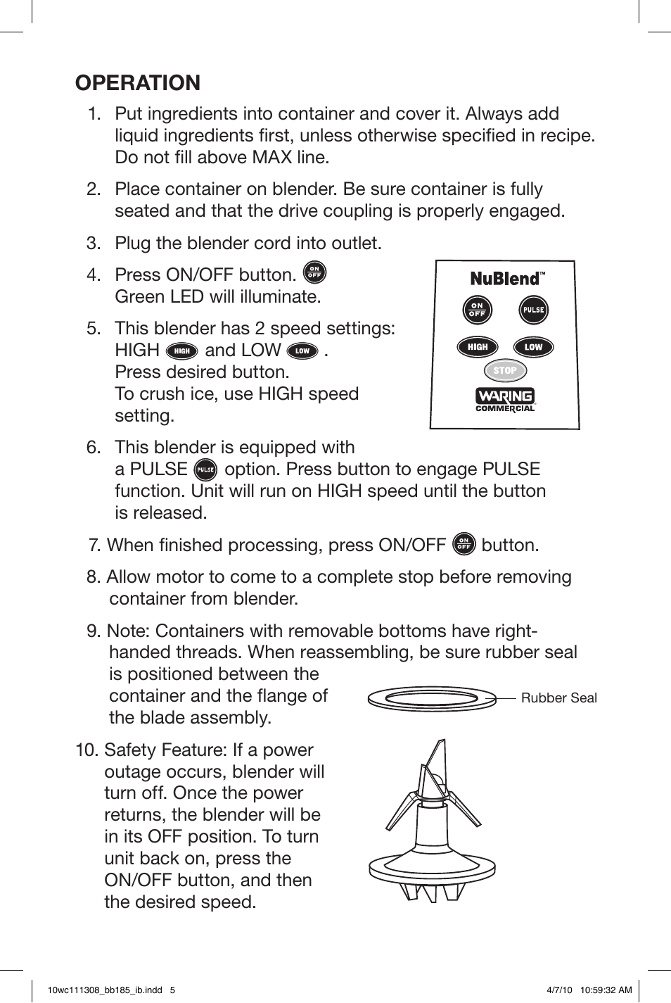 Operation | Waring BB185 User Manual | Page 5 / 20