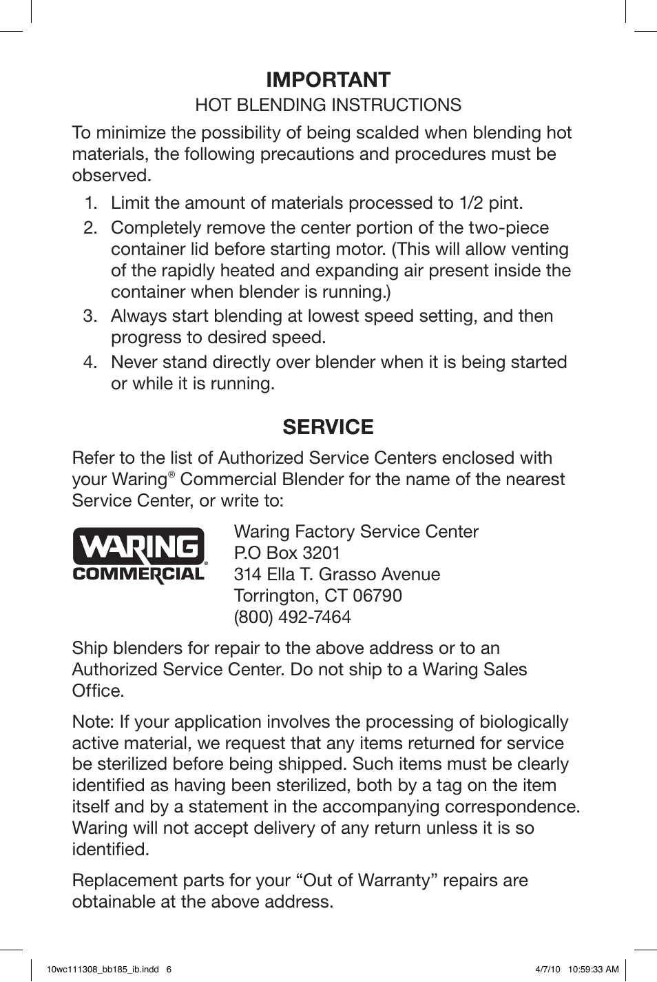 Important, Service | Waring BB185 User Manual | Page 6 / 20