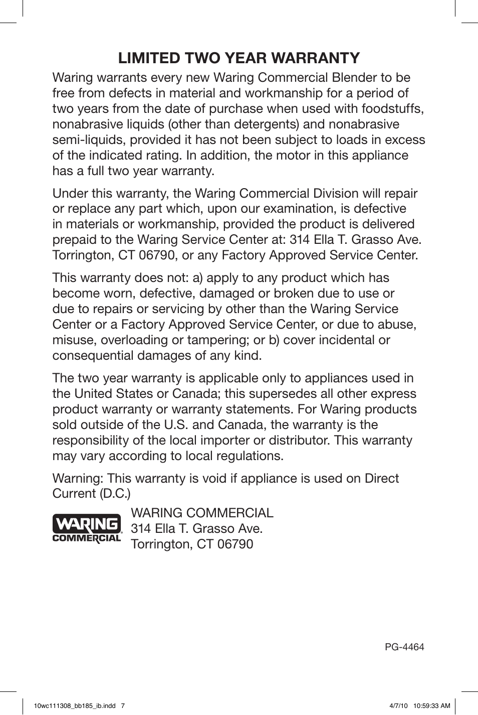 Limited two year warranty | Waring BB185 User Manual | Page 7 / 20