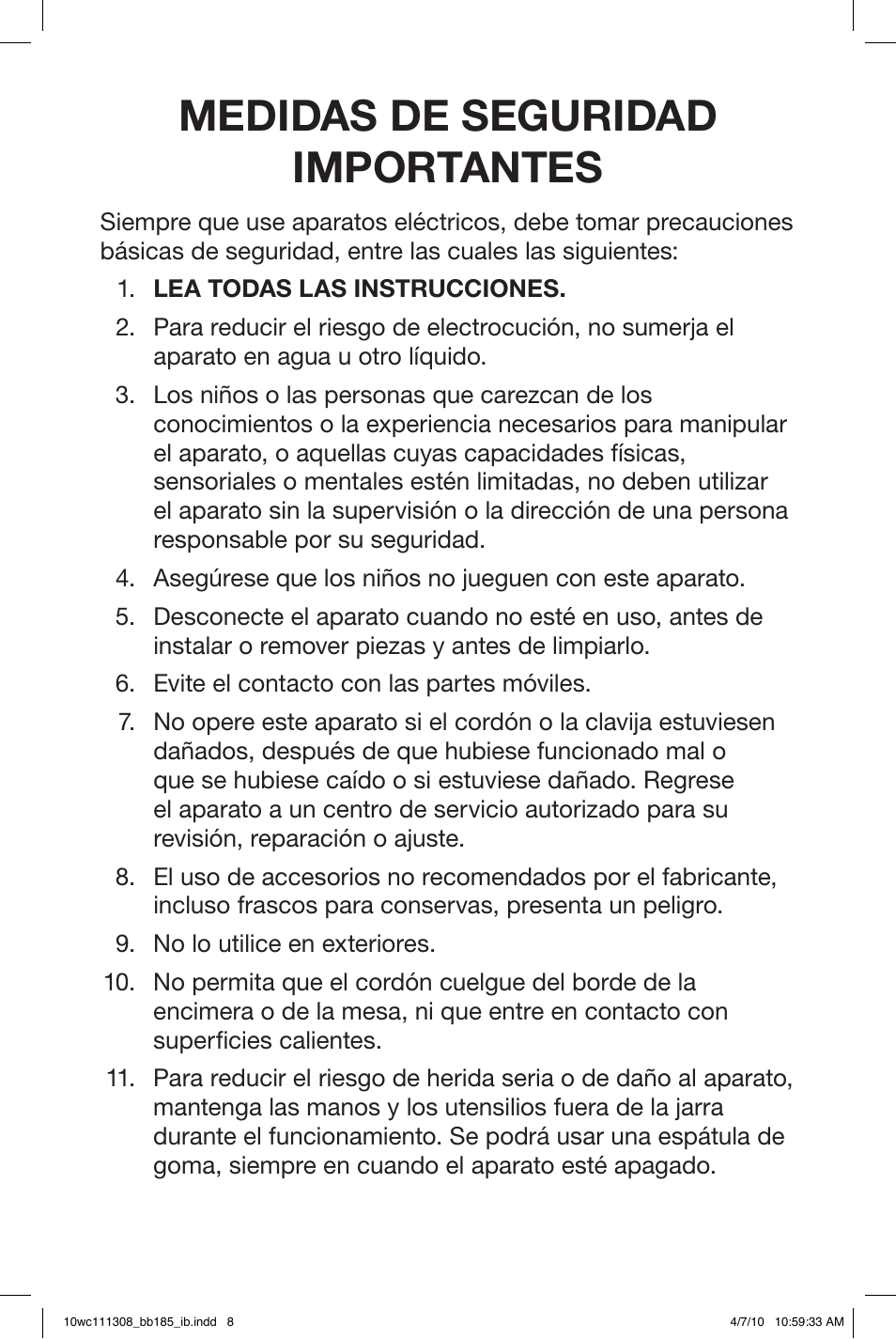 Medidas de seguridad importantes | Waring BB185 User Manual | Page 8 / 20