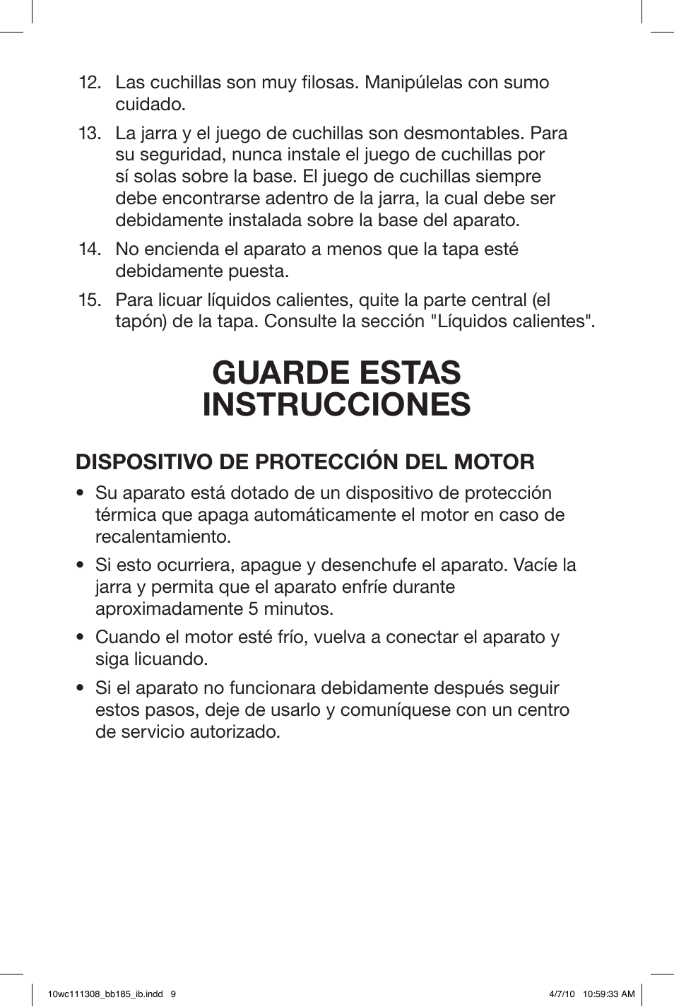 Guarde estas instrucciones | Waring BB185 User Manual | Page 9 / 20