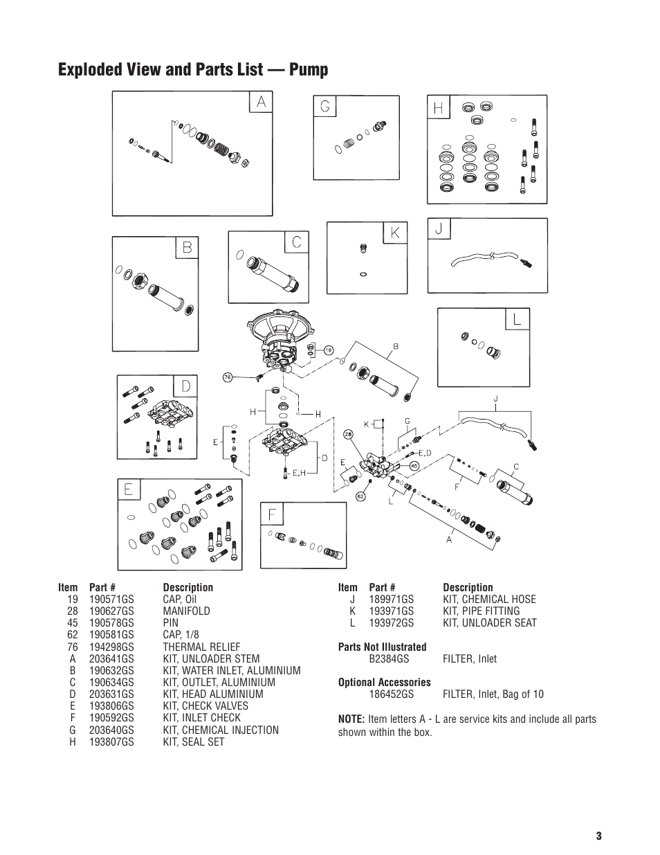 Exploded view and parts list — pump | Briggs & Stratton 20319 User Manual | Page 3 / 3