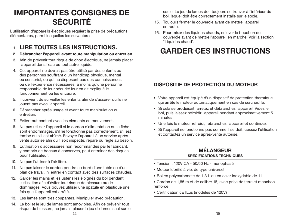 Importantes consignes de sécurité, Garder ces instructions, Lire toutes les instructions | Waring BB190S User Manual | Page 8 / 11