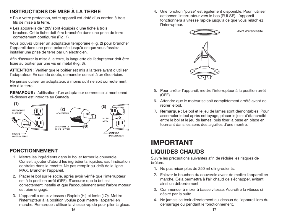 Important, Liquides chauds | Waring BB190S User Manual | Page 9 / 11