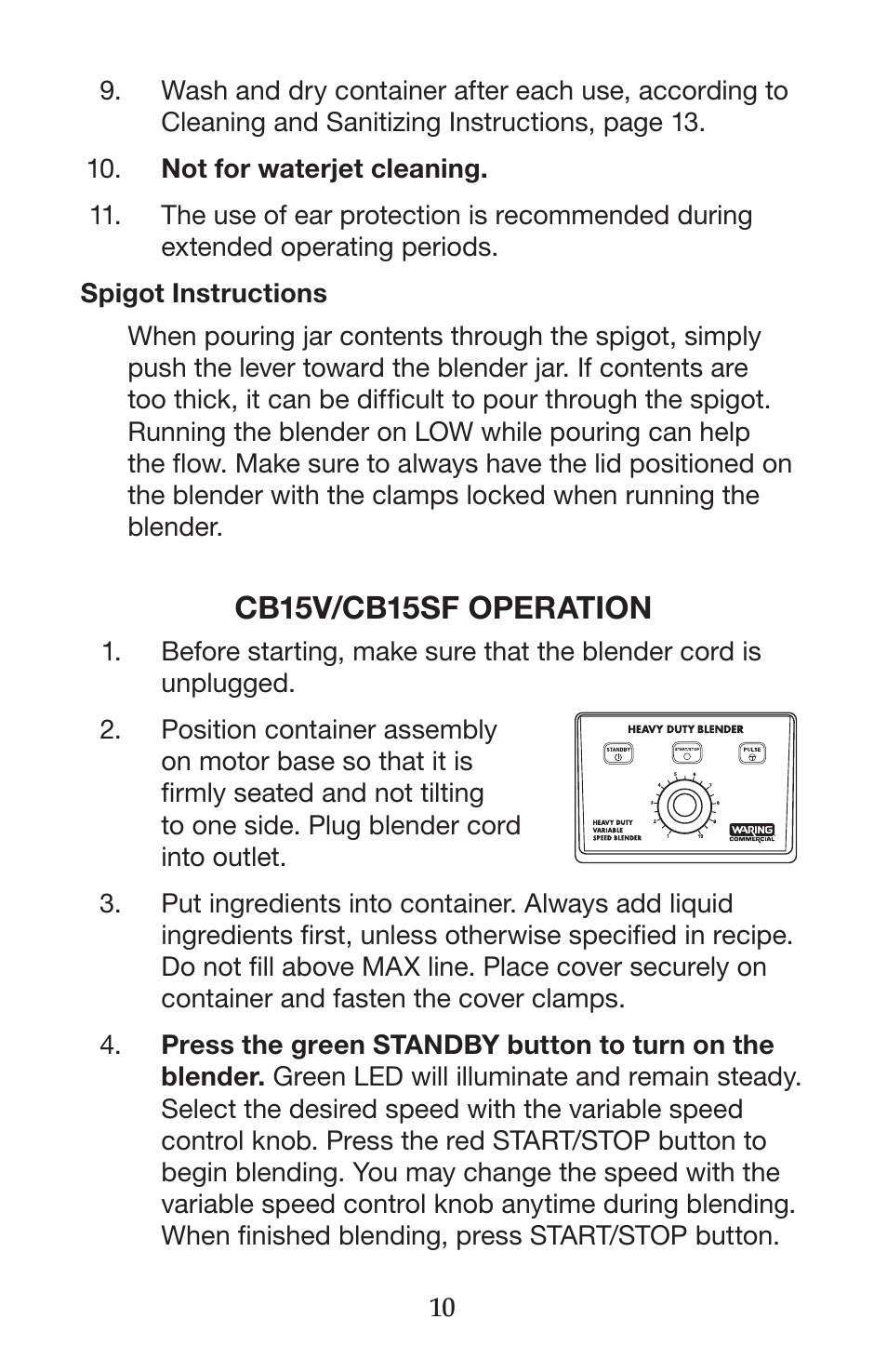 Cb15v/cb15sf operation | Waring CB15VSF User Manual | Page 10 / 50