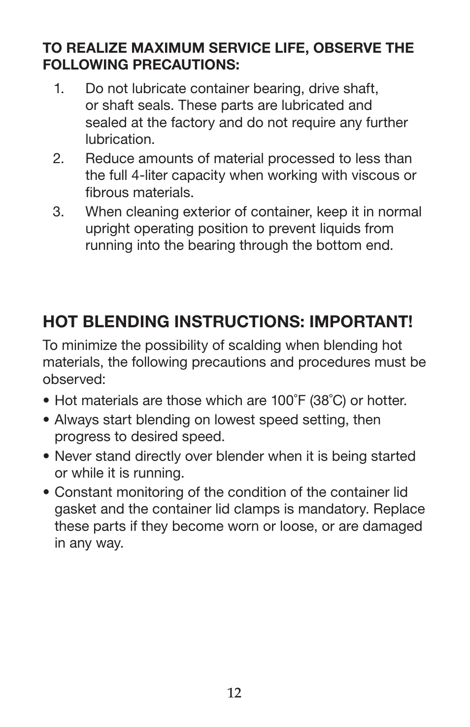 Hot blending instructions: important | Waring CB15VSF User Manual | Page 12 / 50