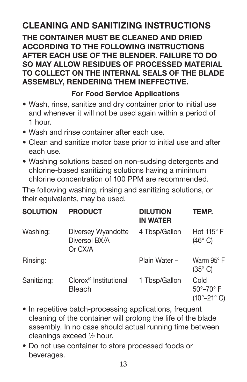 Cleaning and sanitizing instructions | Waring CB15VSF User Manual | Page 13 / 50