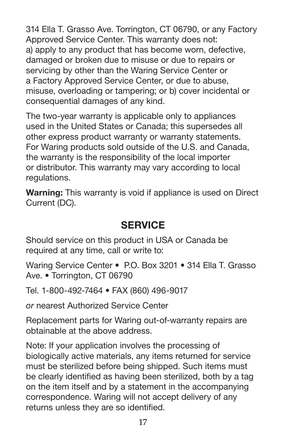 Service | Waring CB15VSF User Manual | Page 17 / 50