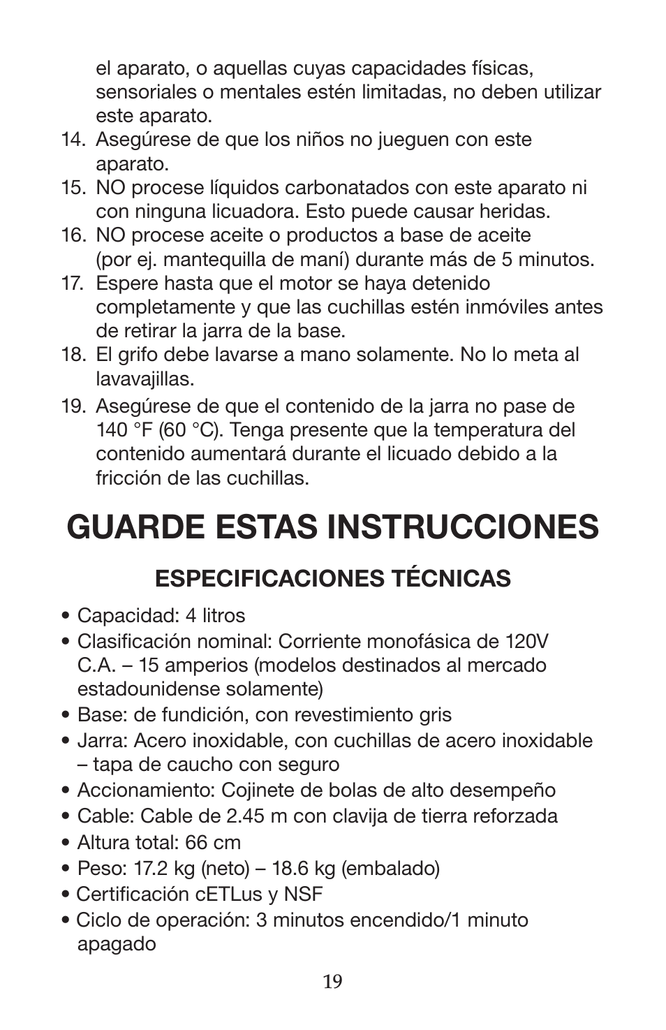 Guarde estas instrucciones, Especificaciones técnicas | Waring CB15VSF User Manual | Page 19 / 50