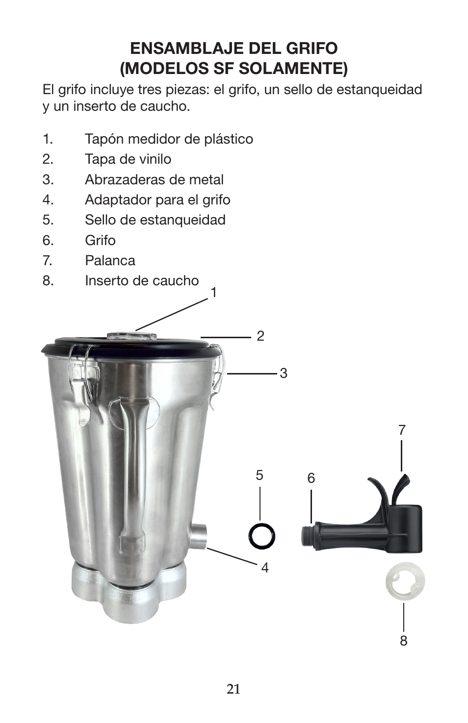 Ensamblaje del grifo (modelos sf solamente) | Waring CB15VSF User Manual | Page 21 / 50