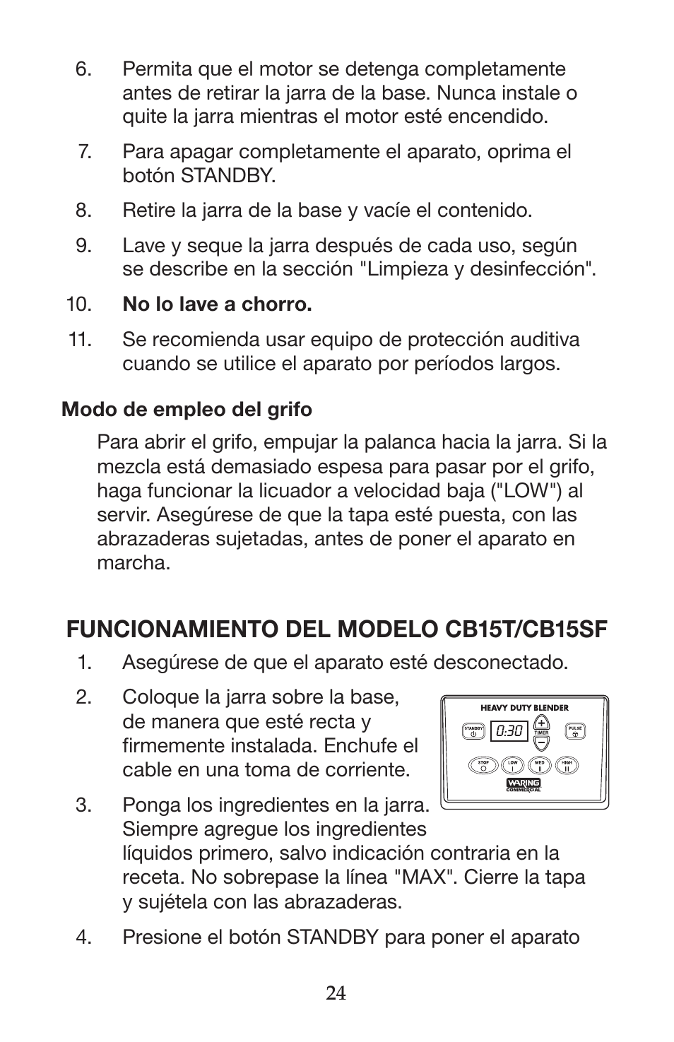 Funcionamiento del modelo cb15t/cb15sf | Waring CB15VSF User Manual | Page 24 / 50