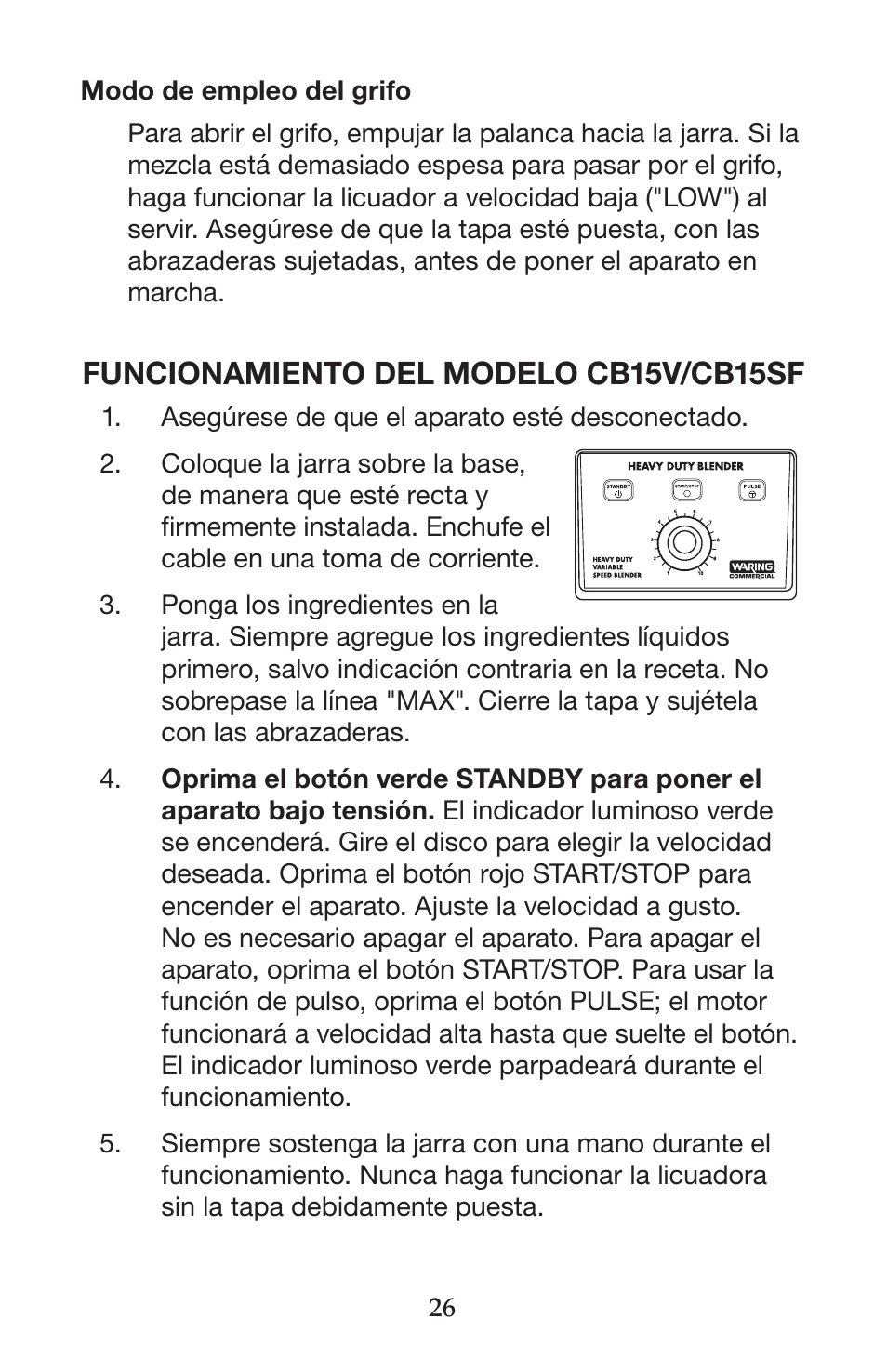 Funcionamiento del modelo cb15v/cb15sf | Waring CB15VSF User Manual | Page 26 / 50