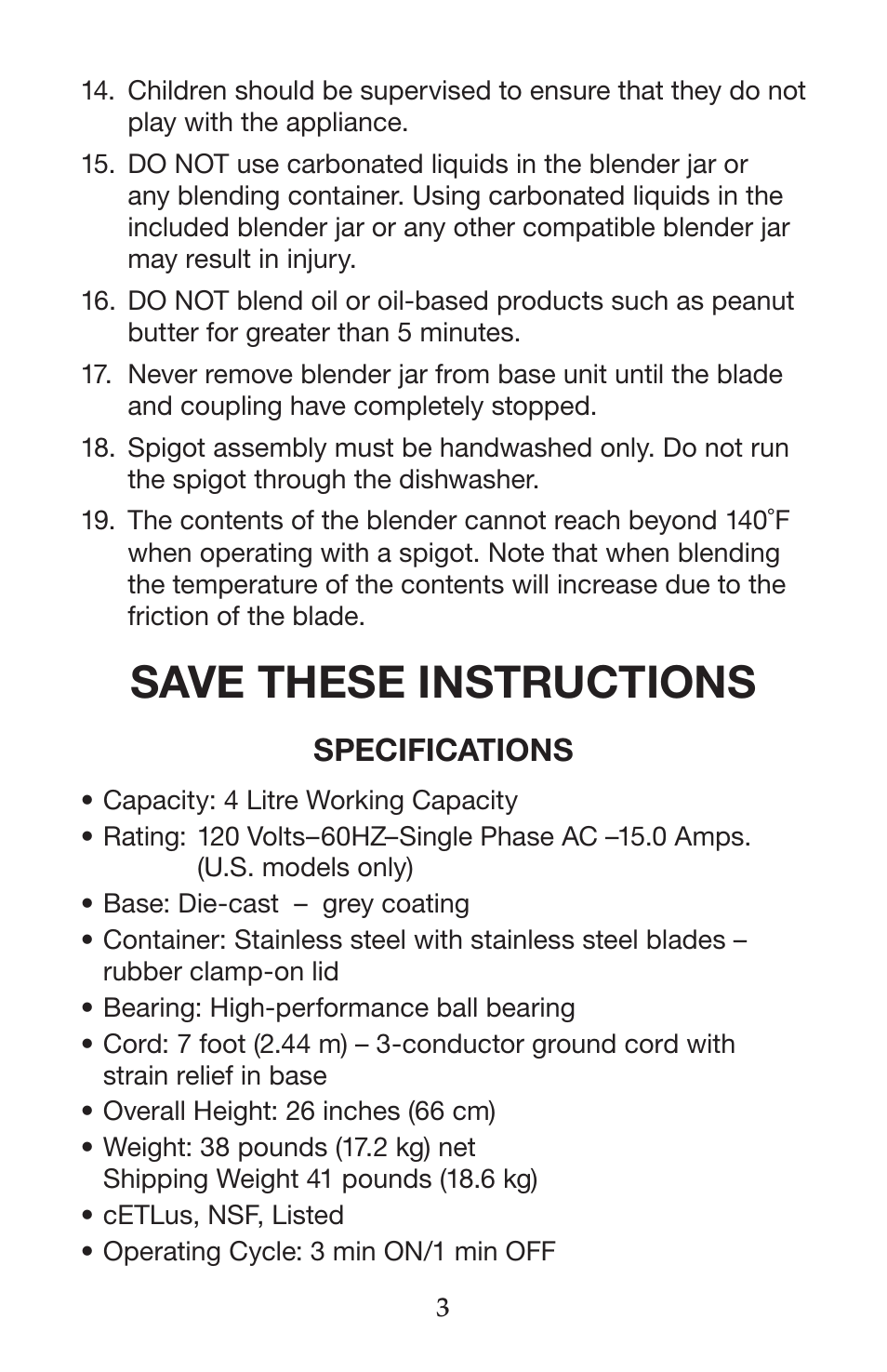 Save these instructions, Specifications | Waring CB15VSF User Manual | Page 3 / 50