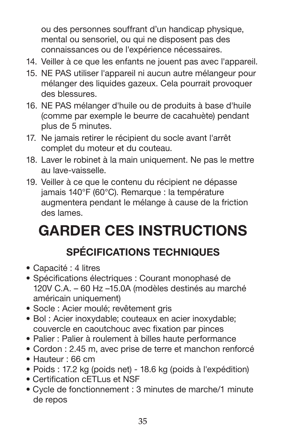 Garder ces instructions, Spécifications techniques | Waring CB15VSF User Manual | Page 35 / 50