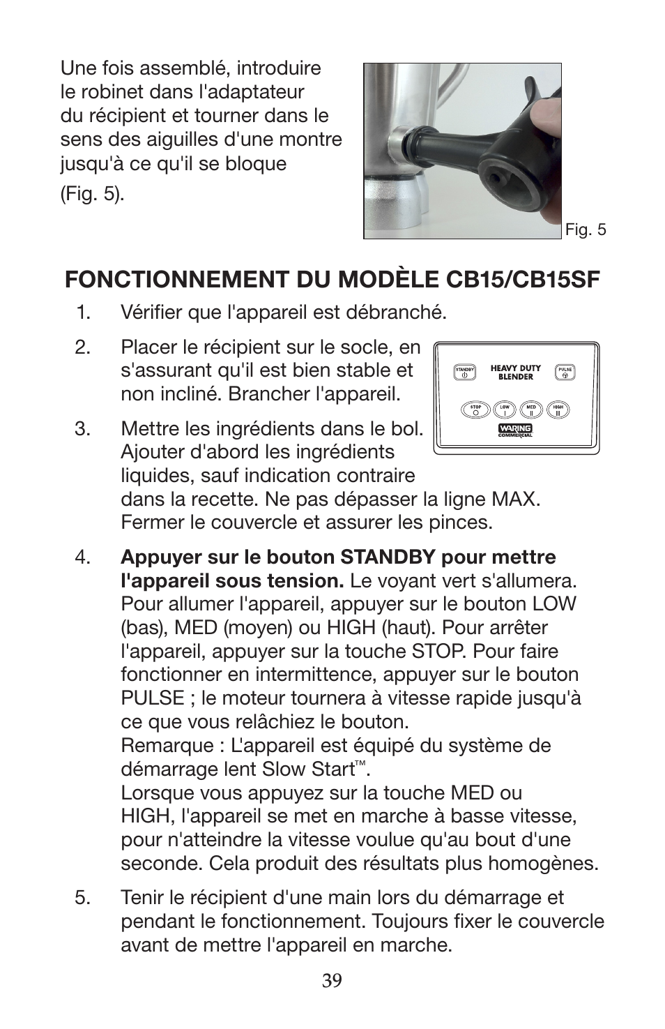 Fonctionnement du modèle cb15/cb15sf | Waring CB15VSF User Manual | Page 39 / 50