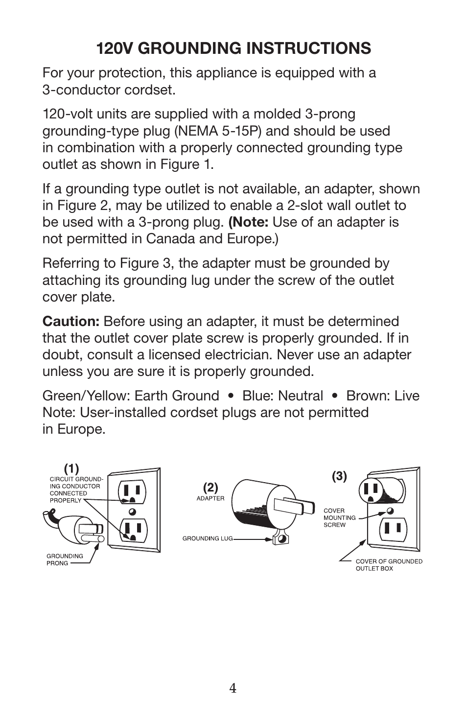 120v grounding instructions | Waring CB15VSF User Manual | Page 4 / 50