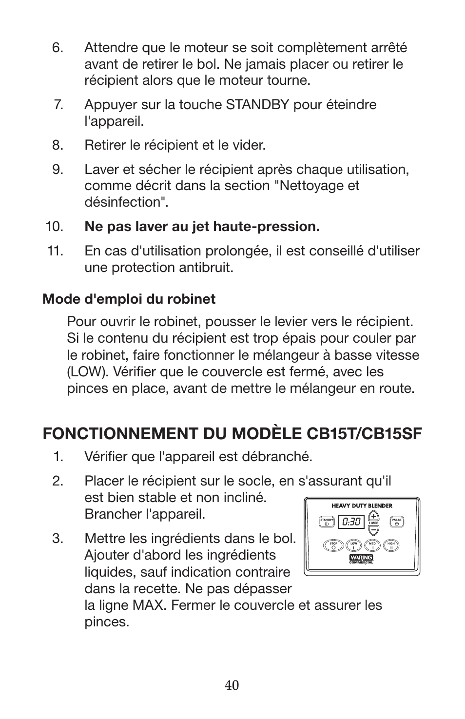 Fonctionnement du modèle cb15t/cb15sf | Waring CB15VSF User Manual | Page 40 / 50