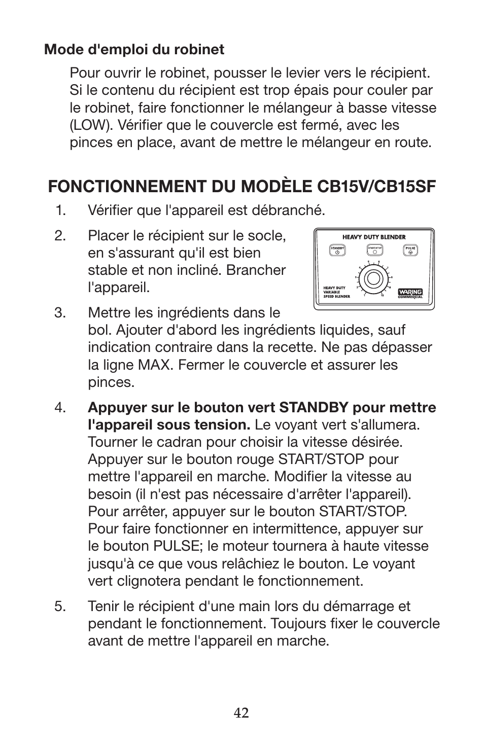 Fonctionnement du modèle cb15v/cb15sf | Waring CB15VSF User Manual | Page 42 / 50