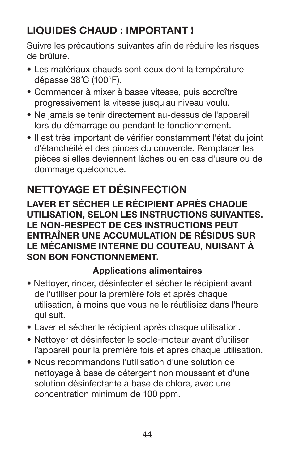 Liquides chaud : important, Nettoyage et désinfection | Waring CB15VSF User Manual | Page 44 / 50