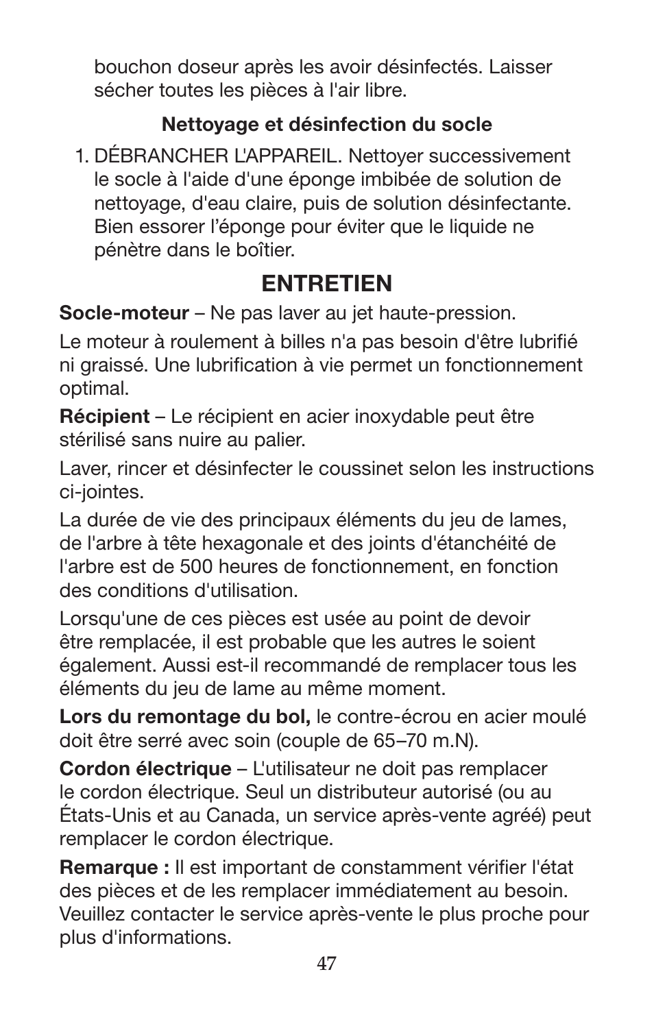 Entretien | Waring CB15VSF User Manual | Page 47 / 50