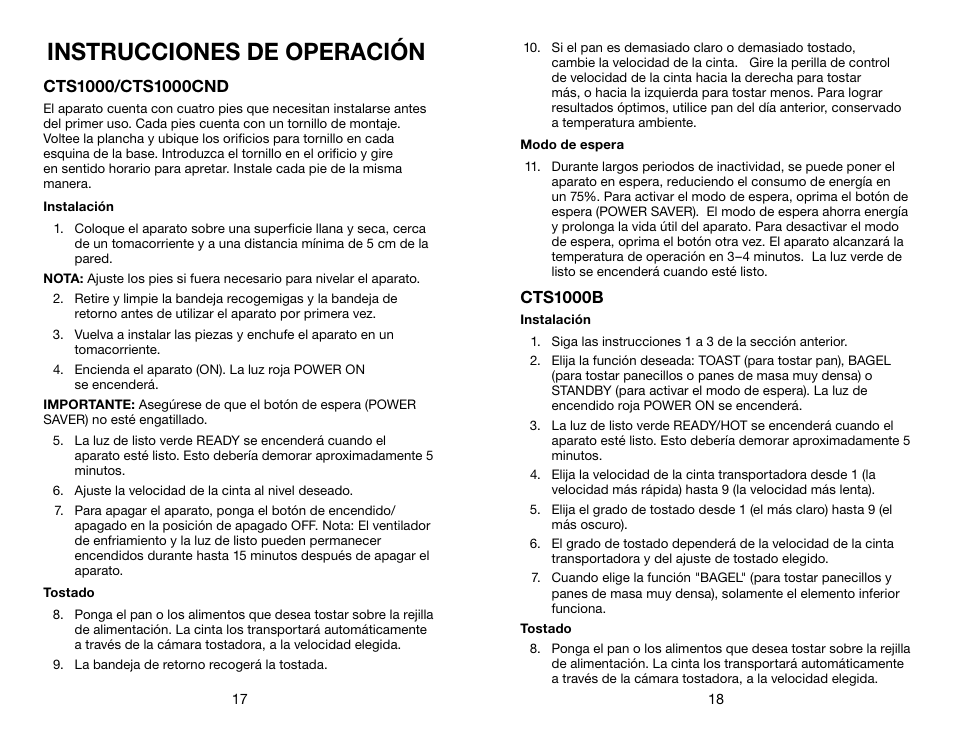 Instrucciones de operación | Waring CTS1000B User Manual | Page 10 / 17