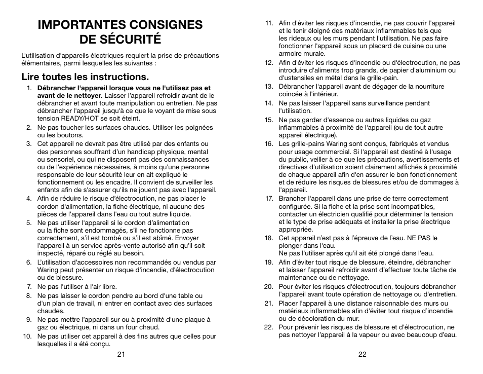 Importantes consignes de sécurité, Lire toutes les instructions | Waring CTS1000B User Manual | Page 12 / 17