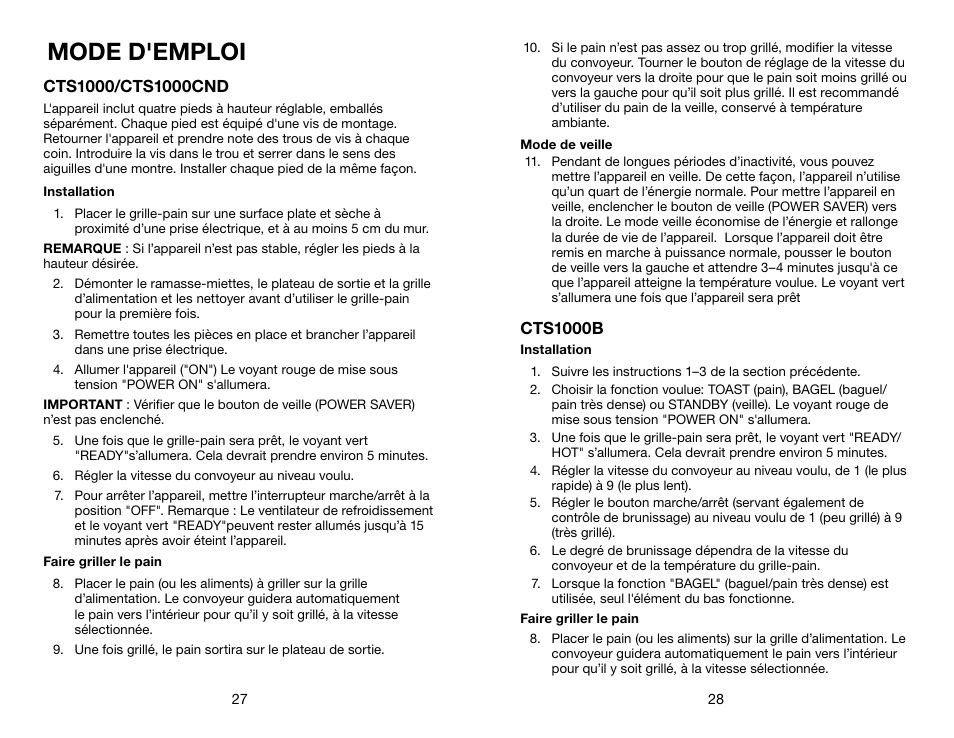 Mode d'emploi | Waring CTS1000B User Manual | Page 15 / 17