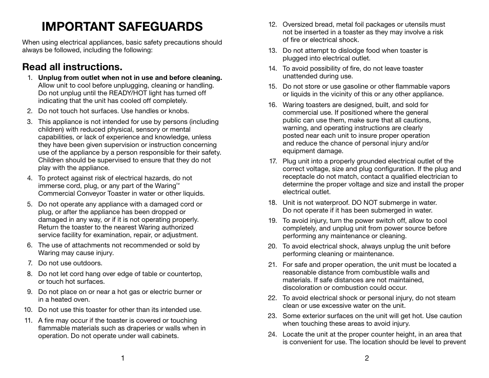 Important safeguards, Read all instructions | Waring CTS1000B User Manual | Page 2 / 17