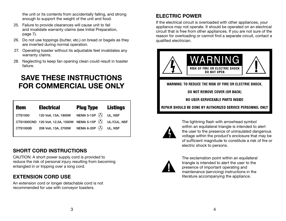 Save these instructions for commercial use only, Item electrical plug type listings | Waring CTS1000B User Manual | Page 3 / 17