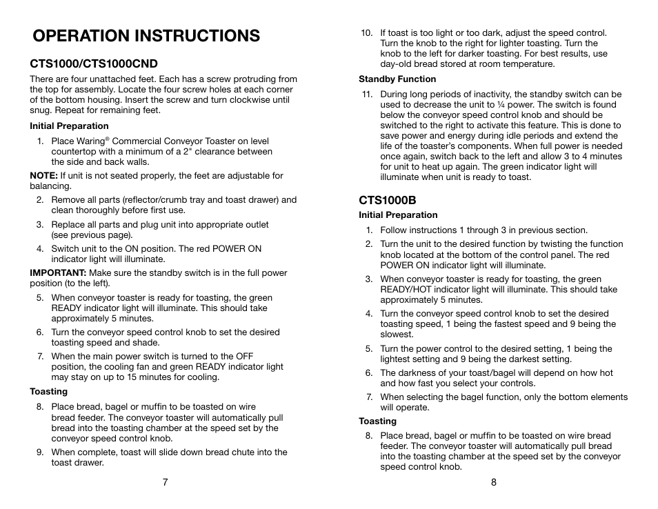 Operation instructions | Waring CTS1000B User Manual | Page 5 / 17