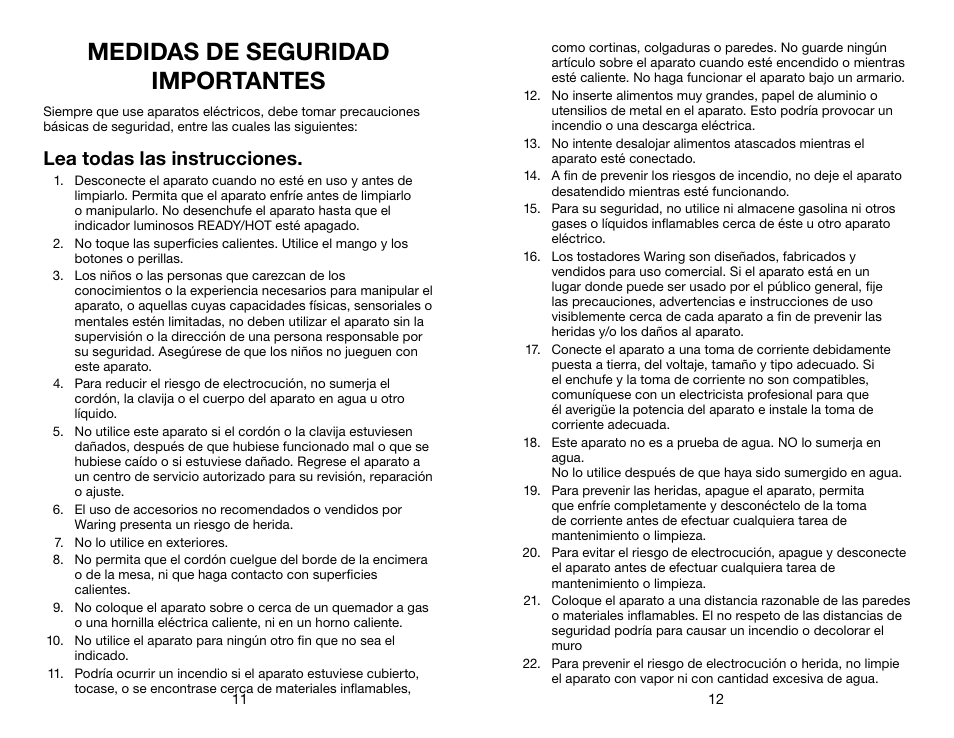 Medidas de seguridad importantes, Lea todas las instrucciones | Waring CTS1000B User Manual | Page 7 / 17