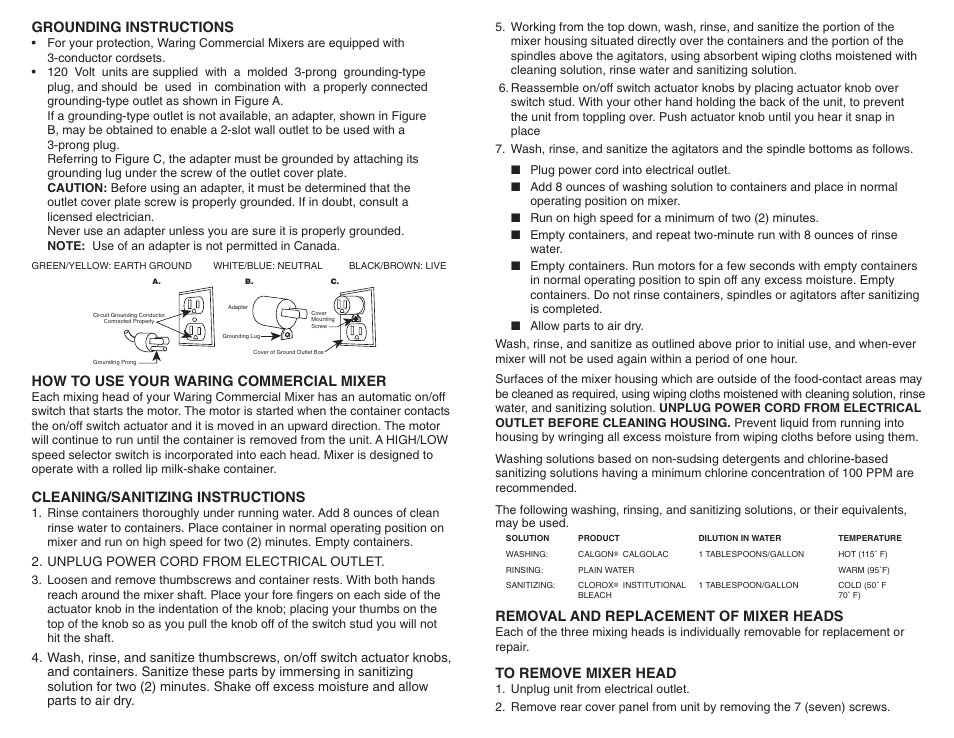 Grounding instructions, How to use your waring commercial mixer, Cleaning/sanitizing instructions | Removal and replacement of mixer heads | Waring DMC201DCA User Manual | Page 2 / 2