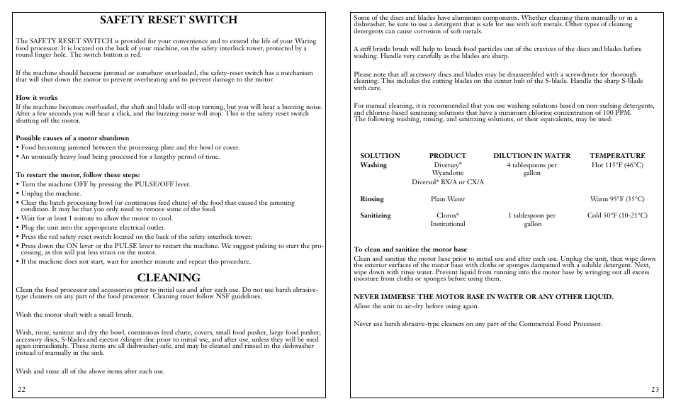 Safety reset switch, Cleaning | Waring FP25C User Manual | Page 12 / 15