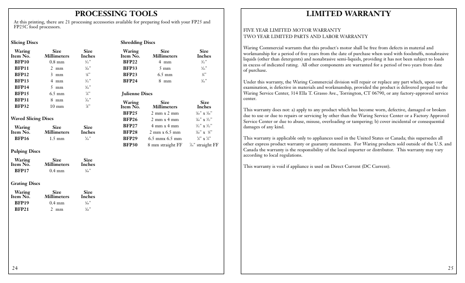 Limited warranty, Processing tools | Waring FP25C User Manual | Page 13 / 15