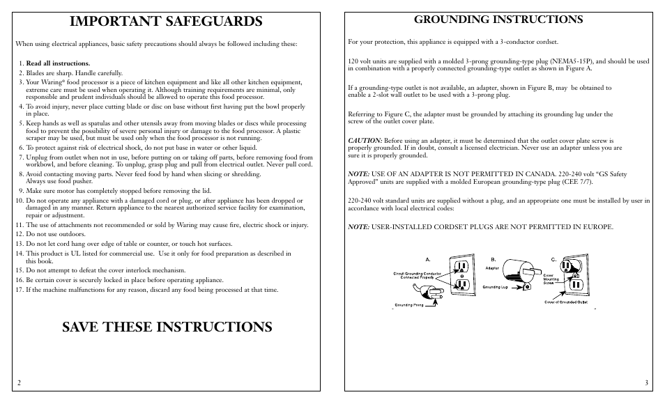 Important safeguards, Save these instructions, Grounding instructions | Waring FP25C User Manual | Page 2 / 15