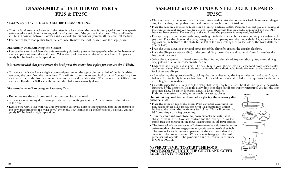 Assembly of continuous feed chute parts fp25c, Disassembly of batch bowl parts fp25 & fp25c | Waring FP25C User Manual | Page 6 / 15