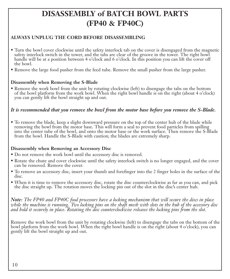 Disassembly of batch bowl parts (fp40 & fp40c) | Waring FP40C User Manual | Page 10 / 28