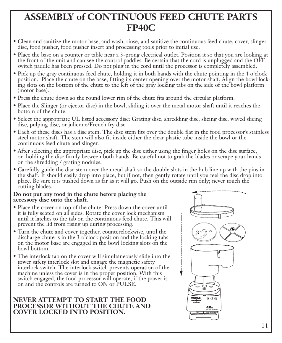 Assembly of continuous feed chute parts fp40c | Waring FP40C User Manual | Page 11 / 28