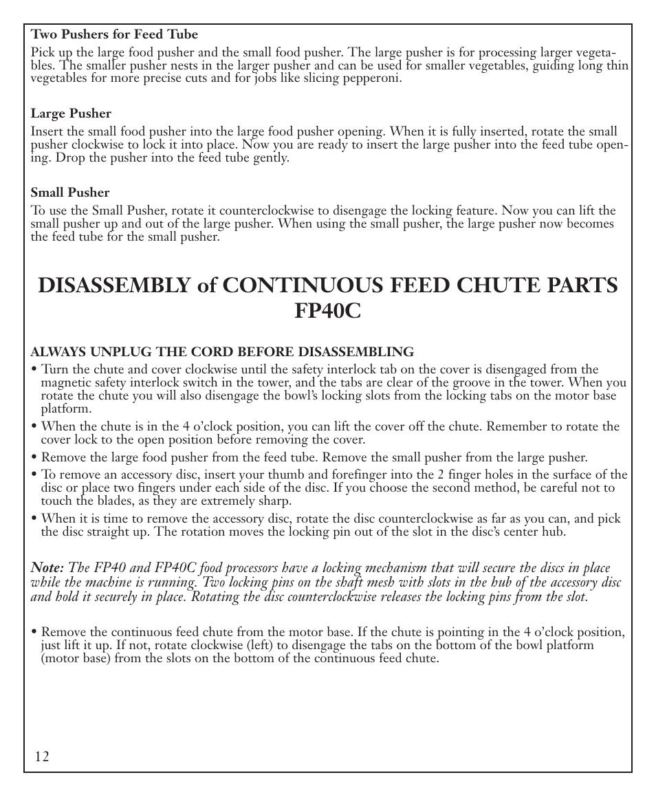 Disassembly of continuous feed chute parts fp40c | Waring FP40C User Manual | Page 12 / 28