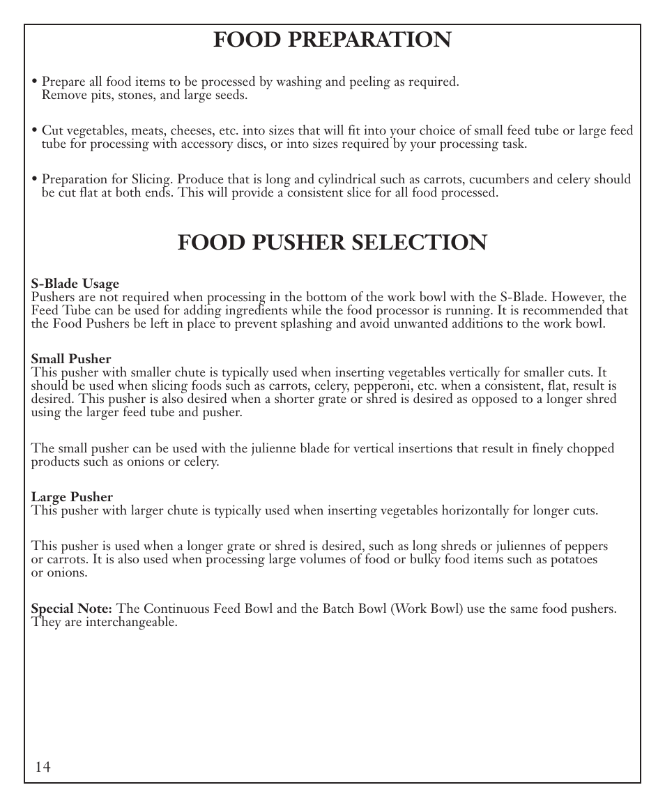 Food preparation, Food pusher selection | Waring FP40C User Manual | Page 14 / 28