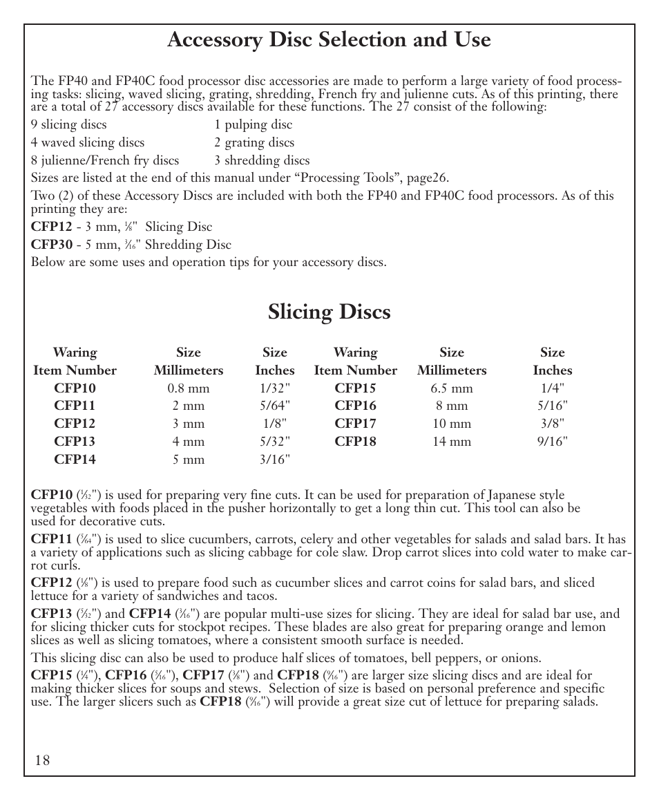 Accessory disc selection and use, Slicing discs | Waring FP40C User Manual | Page 18 / 28