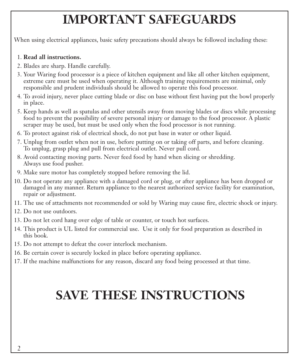 Important safeguards, Save these instructions | Waring FP40C User Manual | Page 2 / 28