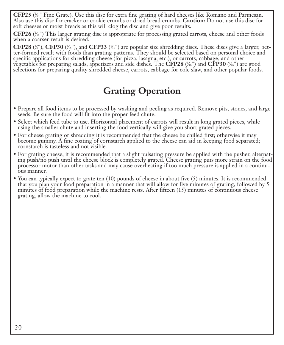 Grating operation | Waring FP40C User Manual | Page 20 / 28