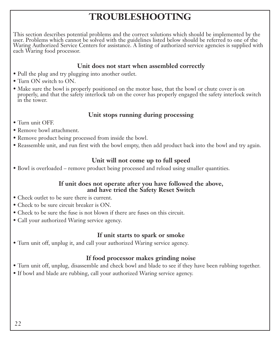 Troubleshooting | Waring FP40C User Manual | Page 22 / 28
